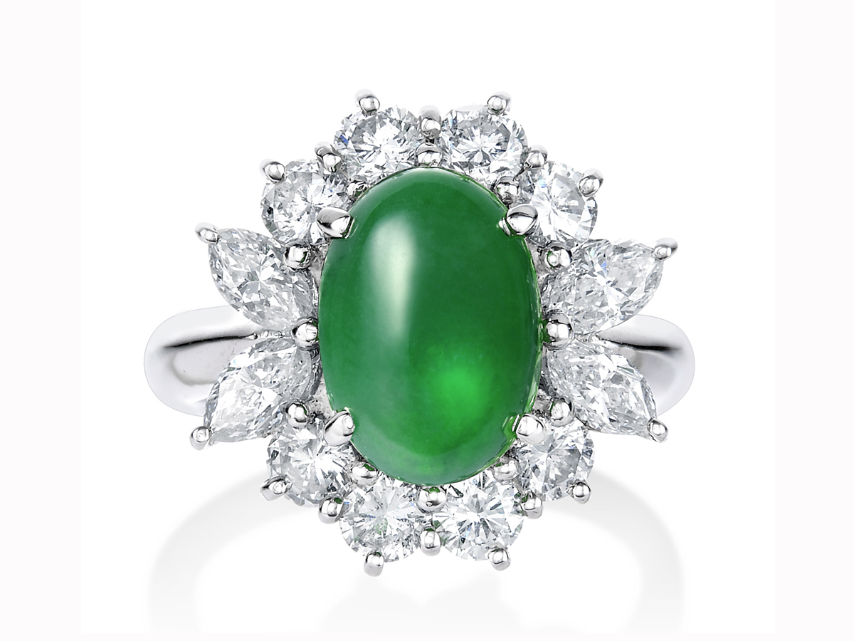 プラチナ 翡翠 ダイヤモンド リング 5月の誕生石フェア 通常価格398,000円より10%OFF 令和8年5月31日まで(J2.352ct D1.535ct)