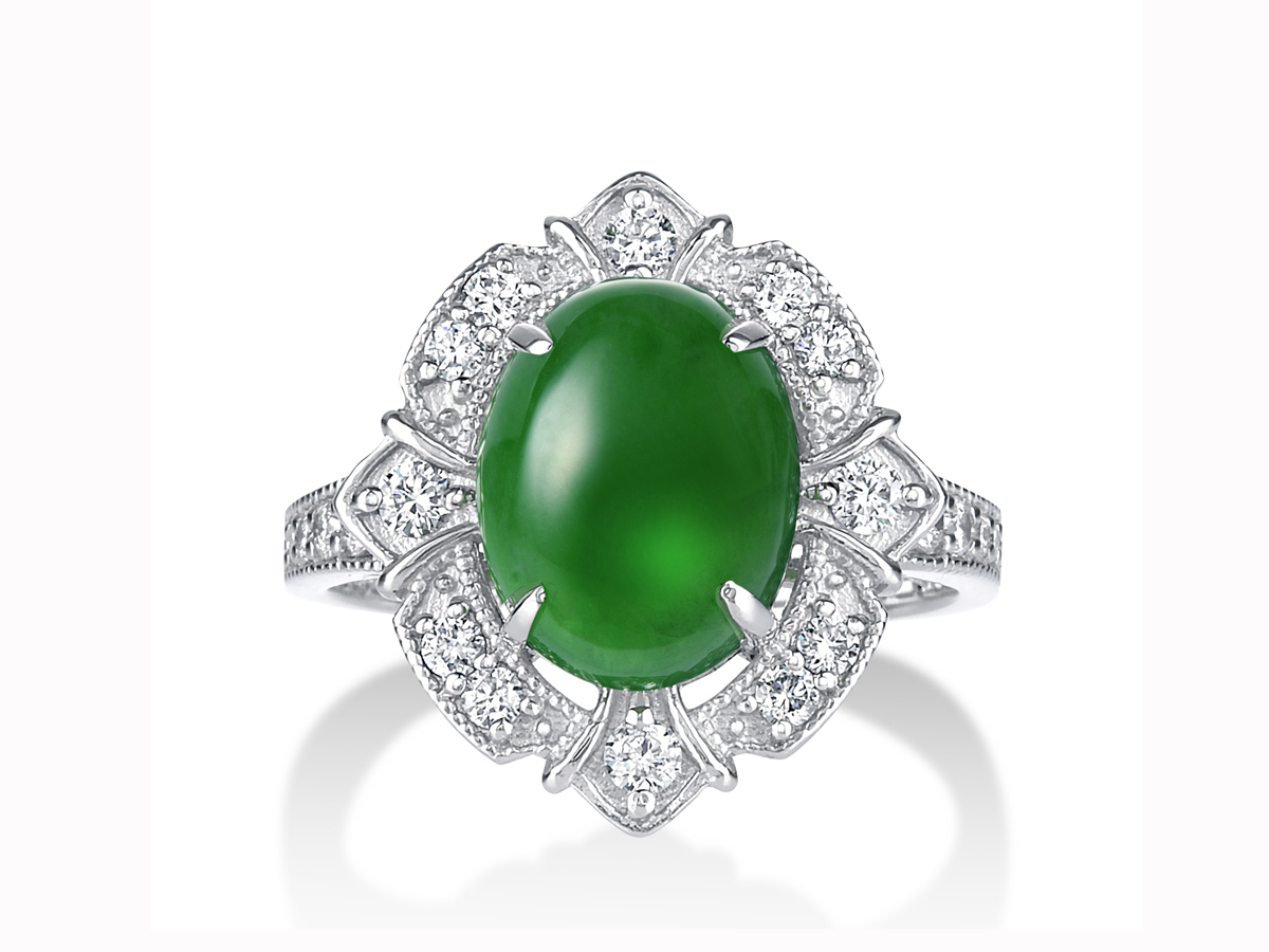 プラチナ 翡翠 ダイヤモンド リング 5月の誕生石フェア 通常価格248,000円より10%OFF 令和8年5月31日まで(J2.95ct D0.35ct)